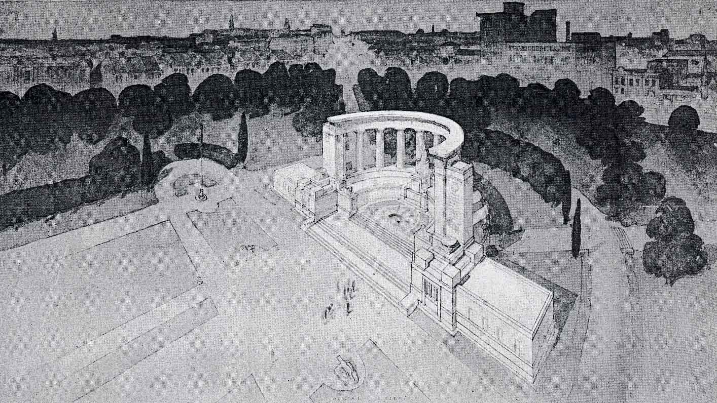 Third prize-winner Peter A. Kaad designed a semicircular colonnade enclosing a sculpture of victory and supporting a long inscription. At either side of the columns were buttresses listing the battlegrounds on which Australians had fought (Architecture magazine, 1 August 1930).
