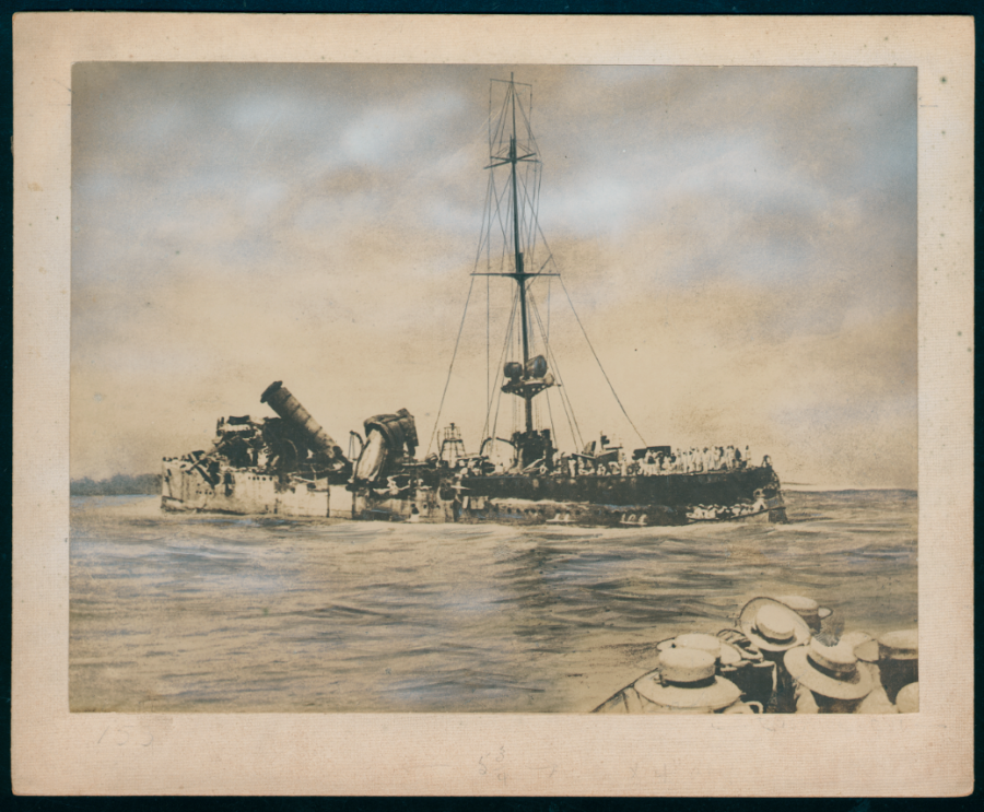 Cyril Bostock, ‘Boarding the Emden’, B&W photograph with highlights, c. 1914. Anzac Memorial Collection 705. Gift of the Limbless Sailors and Soldiers’ Association.