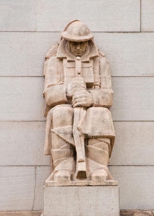 Photograph of the Infantryman buttress sculpture on the Memorial's facade