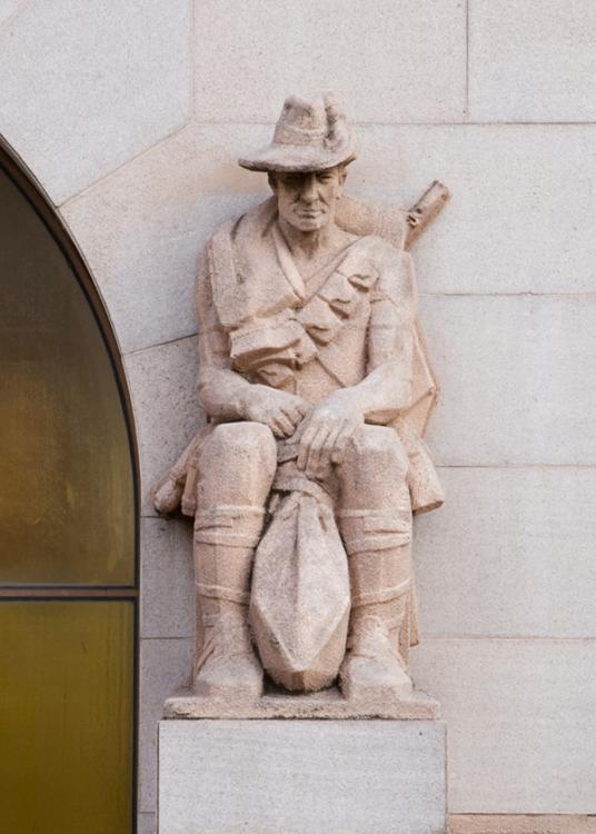 Photograph of the Light Horseman buttress sculpture on the Memorial's facade