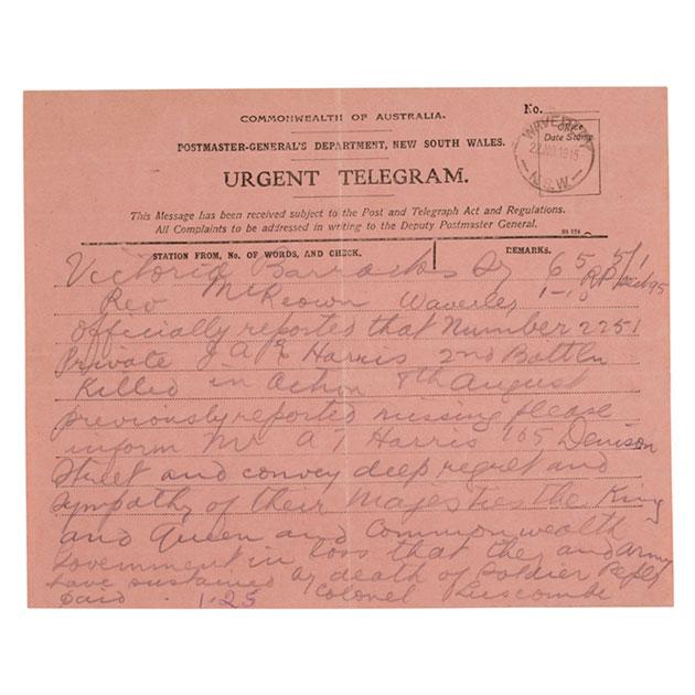 The telegram reporting Jack Harris killed in action