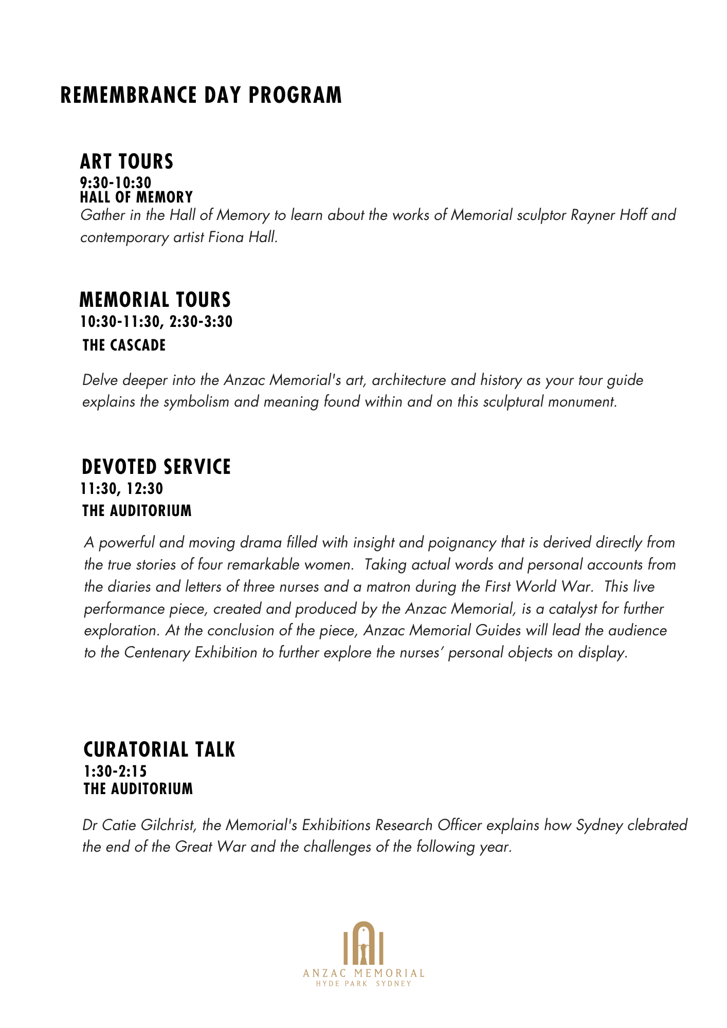 More of the activities being held at the Memorial on 11 November 2019