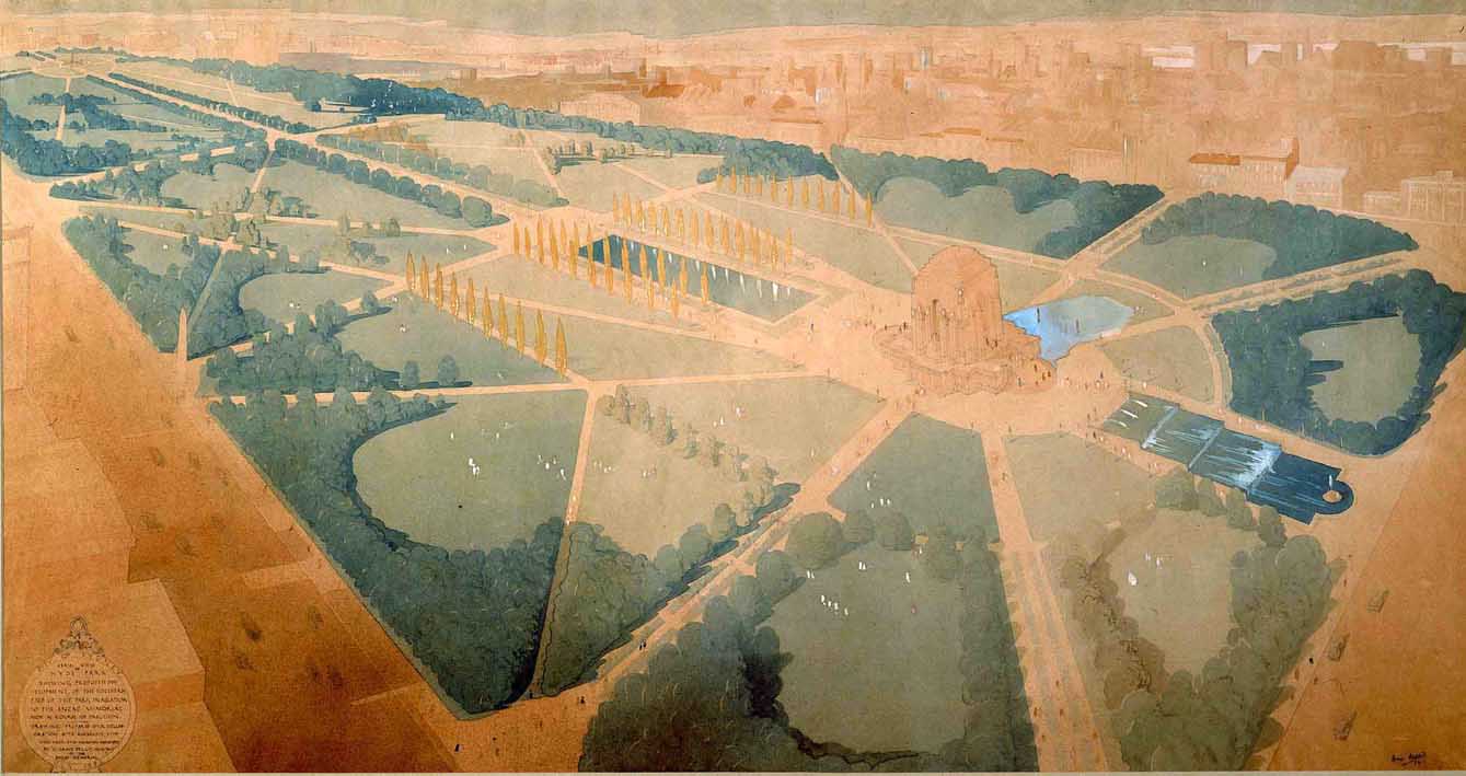 Dellit’s aerial perspective of his design from the south-western corner of Hyde Park, showing the pool of reflection on the northern side and the cascading water feature he planned for the southern side.  - Courtesy Mitchell Library, State Library of NSW