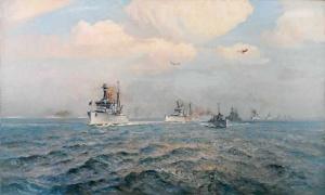 The battlecruiser HMAS Australia at the surrender of the 'German High Seas Fleet  in the Firth of Forth, 21 November 1918, by Arthur Burgess. Courtesy AWM