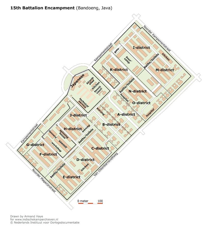 Armand Haye's map of the camp in Bandoeng, Java shows all the facilities and blocks described as "districts"