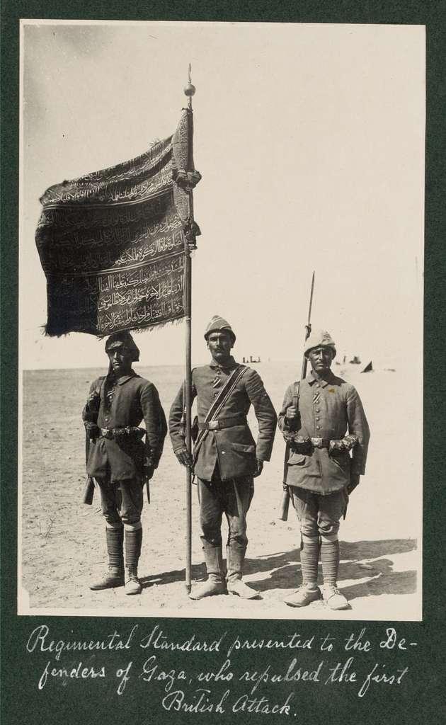 A battle standard presented to Ottoman army forces which successfully held Gaza on two occasions in March and April 1917. Gaza fell, however on 7 November after the Ottoman defensive line was turned by the loss of Beersheba on 31 October. (Picryl: https://picryl.com/media/world-war-i-in-palestine-and-the-sinai-114)