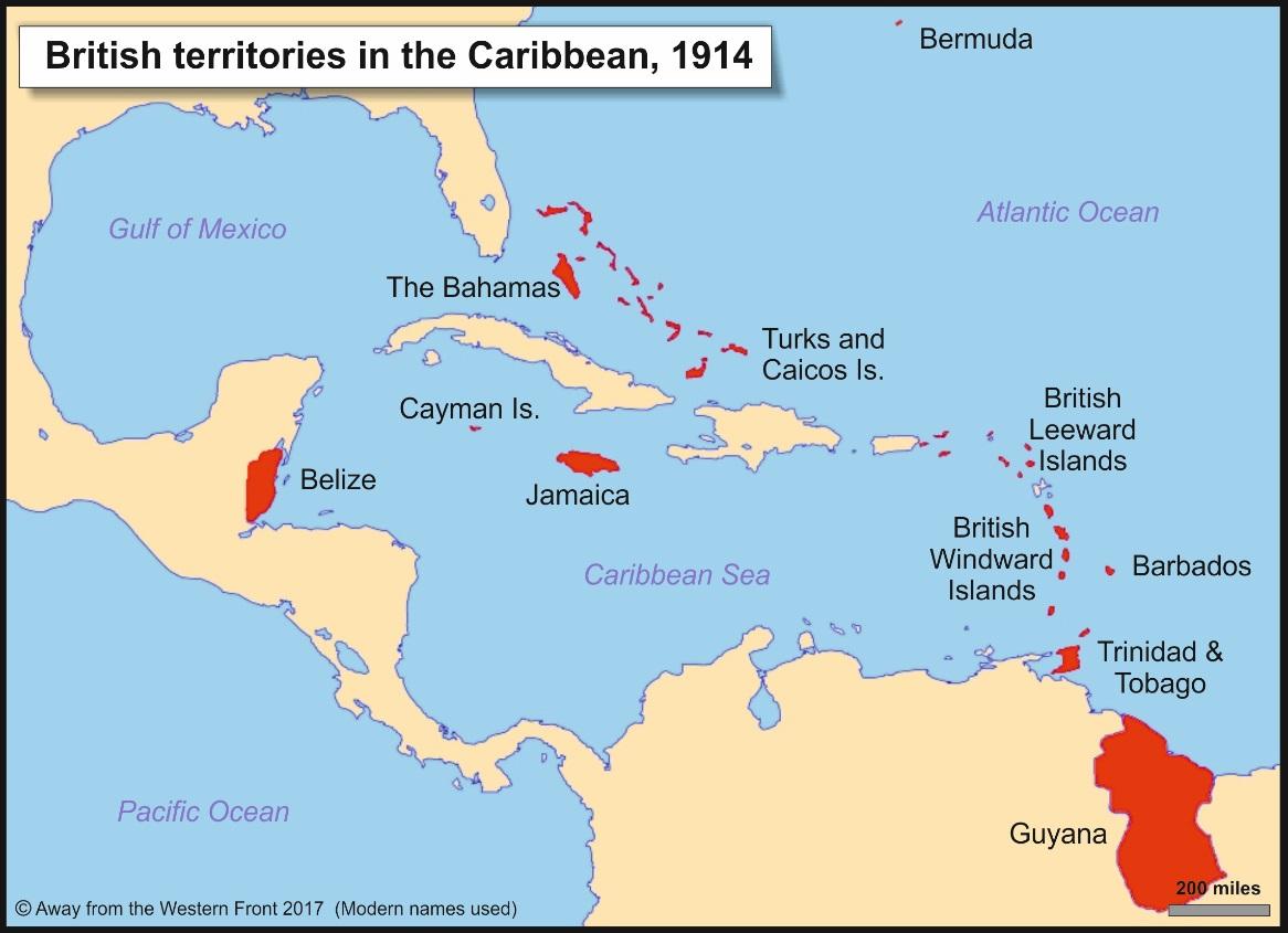 British territories in the Caribbean area in 1914. The island of Bermuda, location of the British North American and West Indies station is at the top of the map. Courtesy awayfromthewesternfront.org