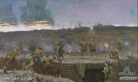 The Battle of Messines by artist Charles Wheeler, oil on canvas, 1923.  Wheeler’s painting shows Australian soldiers leaving their trenches with the explosion of the mines on the Messines Ridge as the signal to begin the assault on 7 June 1917. Courtesy AWM
