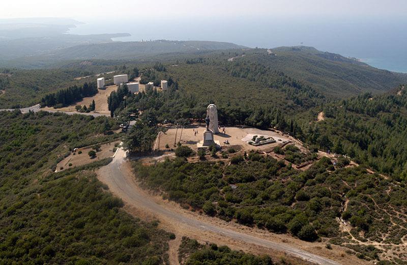 Photo of Chunuk Bair with modern New Zealand and Ataturk monuments,  the highest feature in the Sari Bair Range and a major objective for the attack of 7 August 1915. Courtesy ToursCE