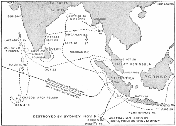 Map showing the raiding cruise of 'SMS Emden' in the Indian Ocean and East Indies waters, September to November 1914.
