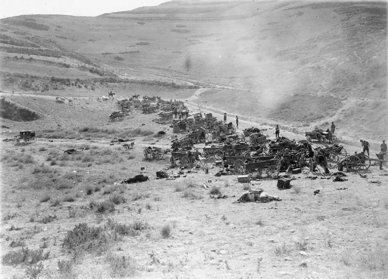 Turkish transport destroyed by British aircraft attacks in Wadi Fara during  the Battle of Megiddo on 20 September 1918. Courtesy Imperial War Museum 
