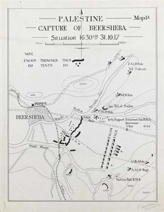 Disposition of mounted forces before the assault on Beersheba at 4.30 pm on 31 October 1917. The Australian 4th and 12th Light Horse Regiments charged from the east. The capture of the Ottoman stronghold of Tel el Saba to the north by the New Zealand Rifle Brigade was an absolute necessity before the attack could proceed. (AWM article: https://www.awm.gov.au/articles/blog/the-charge-of-the-4th-light-horse-brigade-at-beersheba)