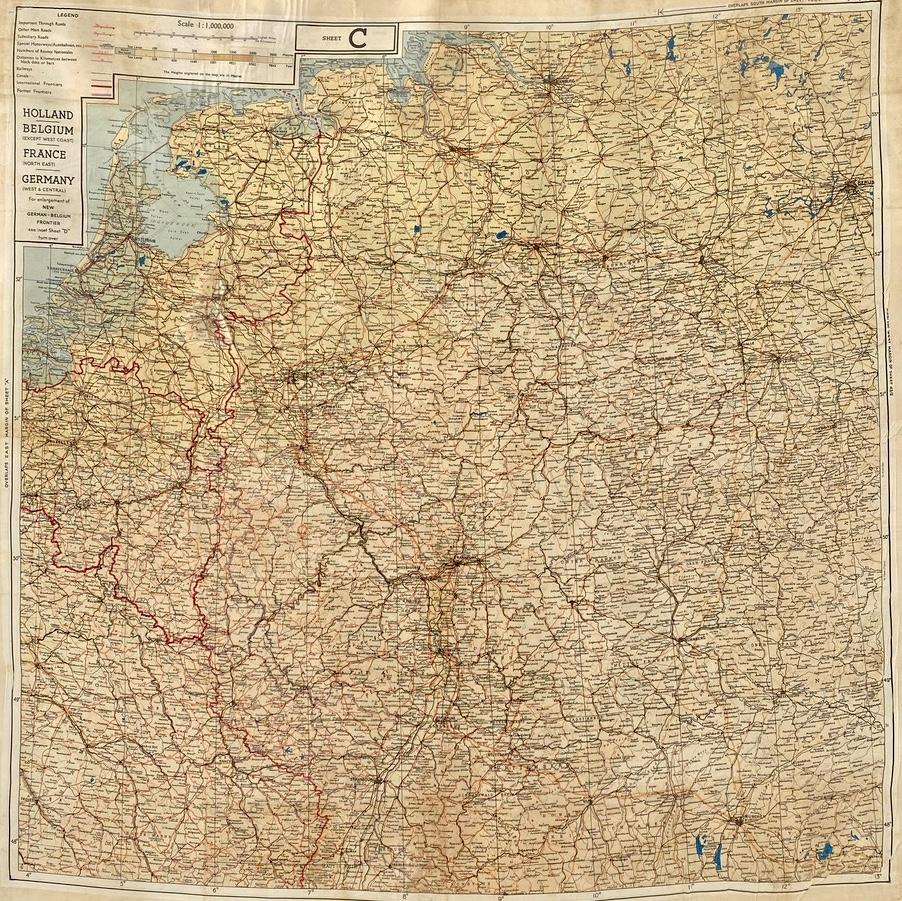 Colourful silk maps like this were carried by aircrew to aid their escape if they were shot down. Flight Sergeant (Later W/O) Keith Campbell souvenired this map at the end of the war. Keith was the only survivor of a Halifax bomber that was involved in a mid-air collision close to Stuttgart in November 1944. Campbell was saved by his parachute but was captured and spent the rest of the war as a POW in Stalag VII. He was liberated on 16 May 1945. (Gift of Keith Campbell OAM)