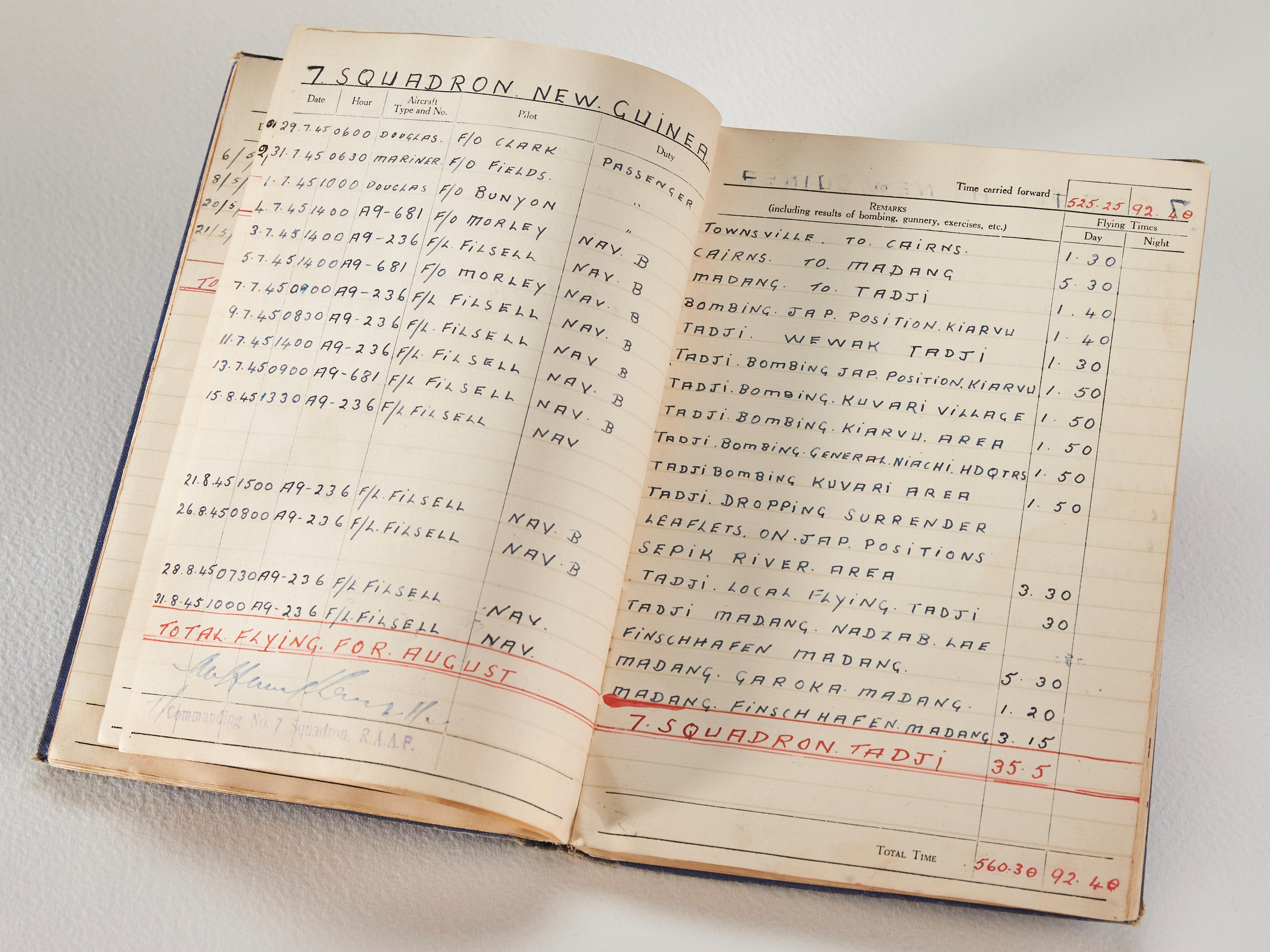 When the Japanese armed forces surrendered, tens of thousands of troops were left starving and abandoned in isolated garrisons across the Pacific. Many were out of touch with headquarters or home, and so only learned of their nation’s defeat as a result of Allied aircraft dropping what became known as “surrender leaflets”. Flight Lieutenant Venning’s flying log notes a surrender leaflet drop sortie on 15 August