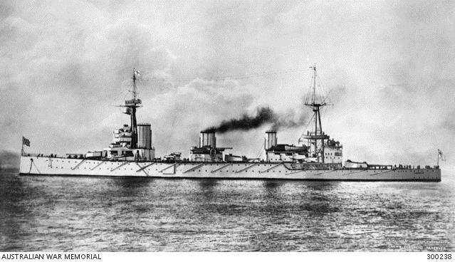 HMAS Australia, an Indefatigable-class battle cruiser and flagship  of the Australian Squadron from 1913. Courtesy AWM