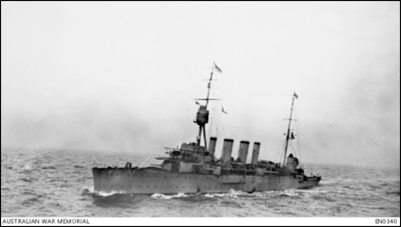 The light cruiser HMAS Melbourne which operated in the North Sea as part of  the Grand Fleet’s 2nd Light Cruiser Squadron during 1915-1918. Courtesy AWM