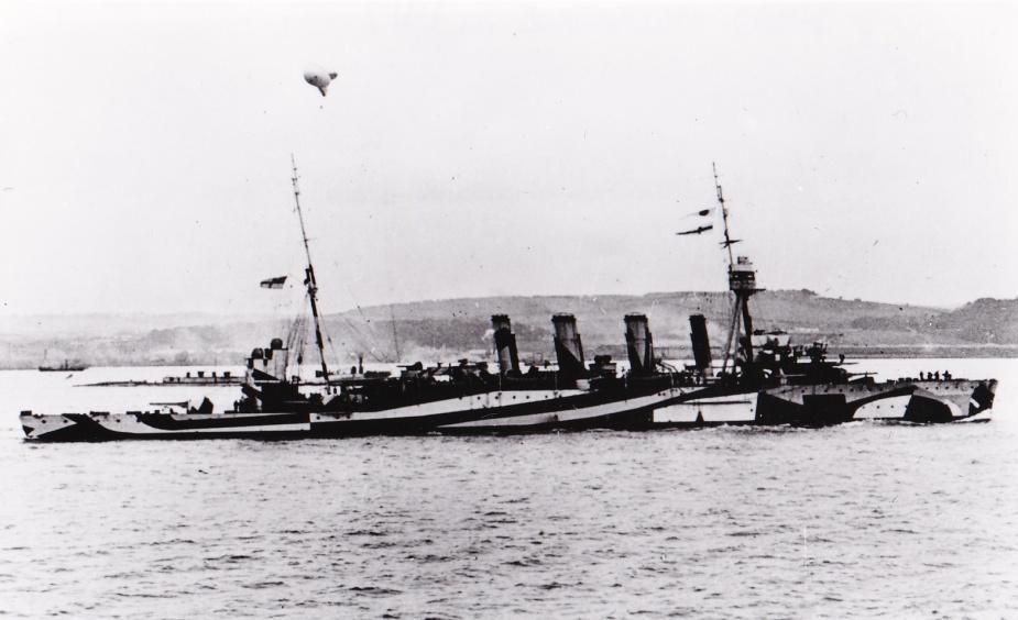 The Australian light cruiser 'HMAS Melbourne' in its wartime camouflage paint.  Melbourne served on the North American and West Indies station with the Royal Navy from December 1914 until August 1916 when transferred to the Grand Fleet in the North Sea. Courtesy Navy.org.au