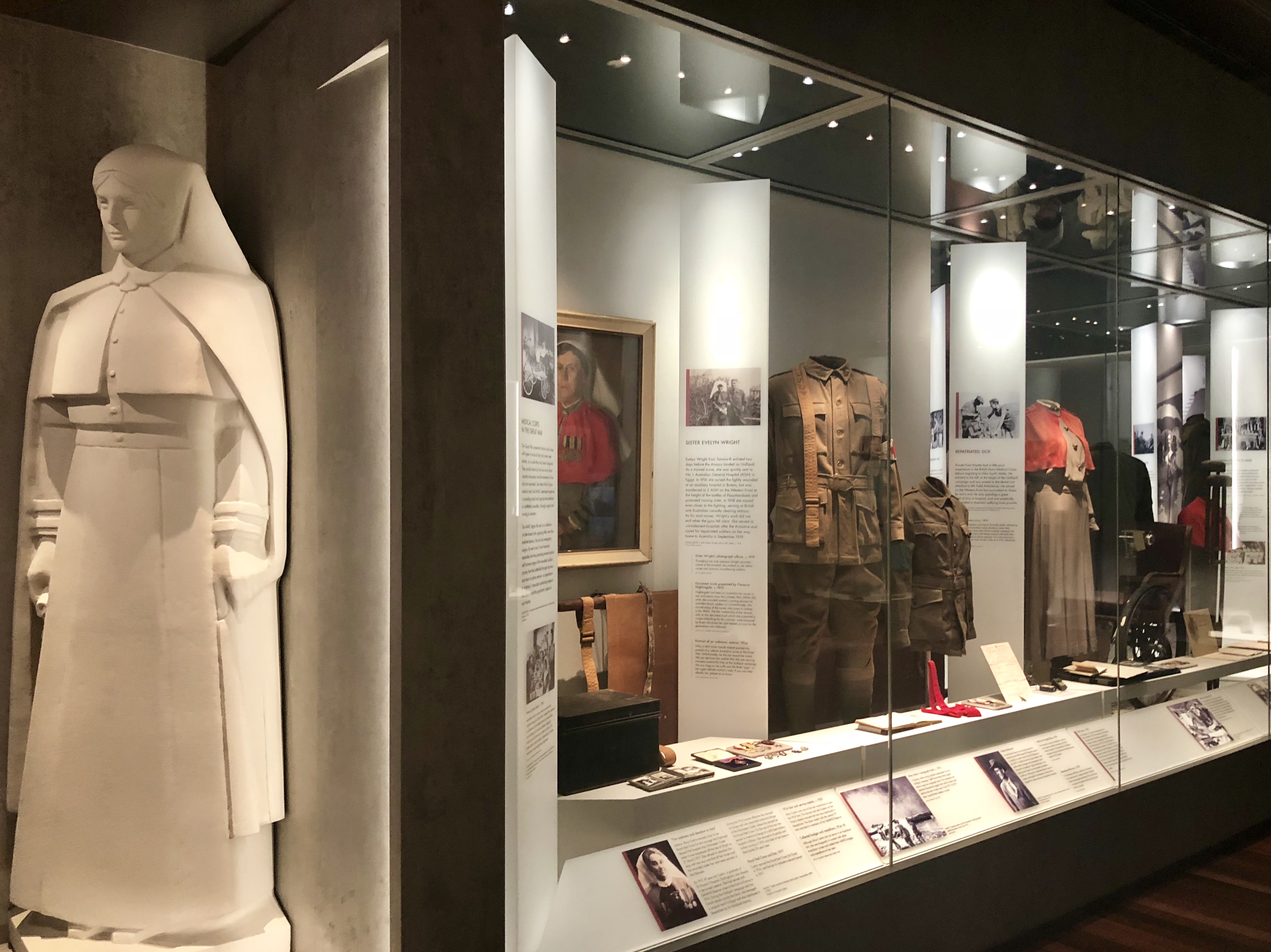 Centenary Exhibition showcase showing items explaining the history of the Medical Corps