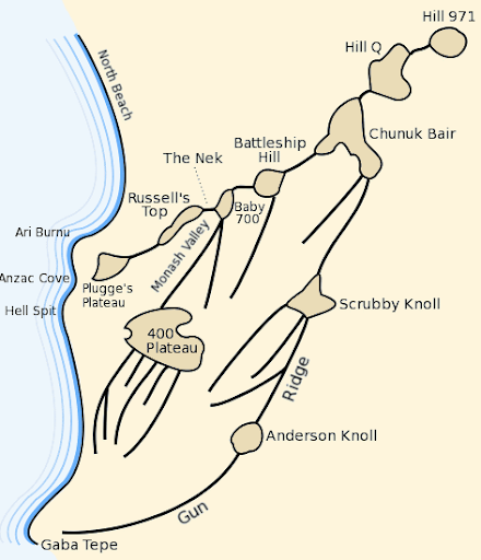Map showing the high ground objectives within the Anzac Sector at Gallipoli.  During the August Offensive British and ANZAC troops attempted to capture Hill 971, Hill Q and Chunuk Bair, the highest points on the Sari Bair Range.  The Turkish strongpoint at Lone Pine, located on the 400 Plateau was the objective of a diversionary action launched on 6 August 1915.