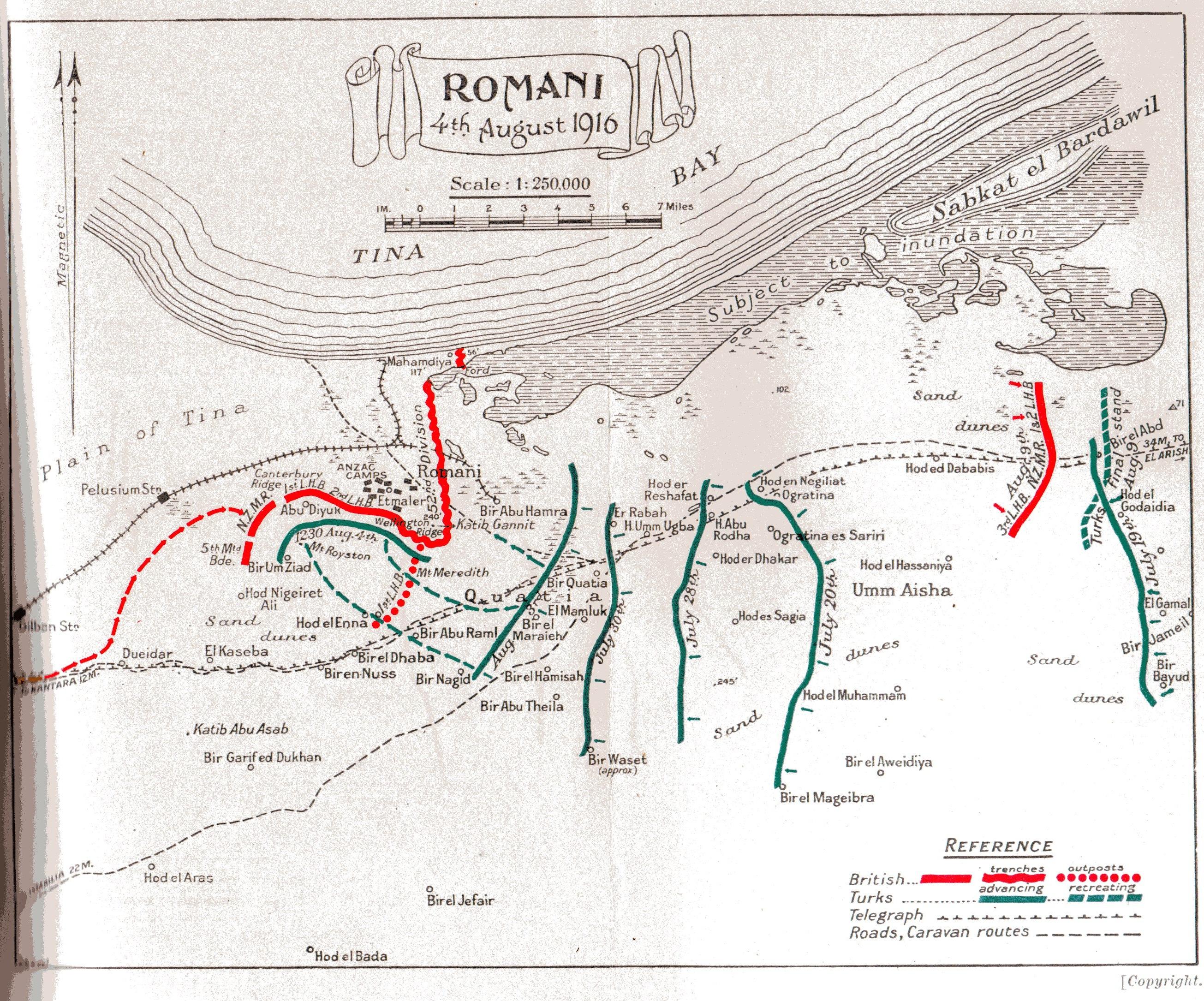Map of Romani area showing force dispositions from 19 July to 9 August 1916. British lines in red; Ottoman army advance and attacks on 3-4 August shown in green. 