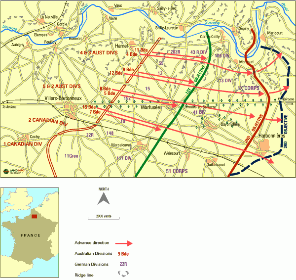 The Battle of Amiens – Australian dispositions on 8 August 1918 which the  German High Command described as their ‘Black Day’ of the war. (Image: AWM Wartime No 3, Winter, 1998)