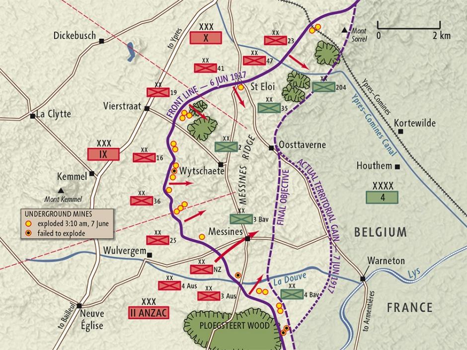 Map of the Battle of Messines showing the three Corps of the British Expeditionary Force used to capture this major objective in June 1917. (Image: NZhistory.govt.nz)