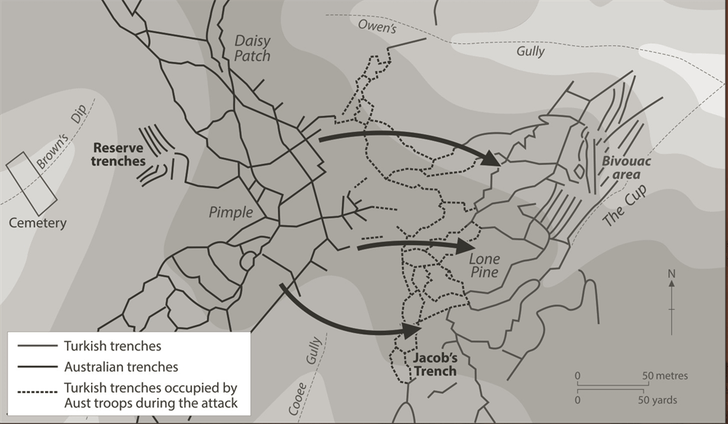 Map of the attack on the Ottoman army trench system at Lone Pine  which commenced on 6 August 1915.