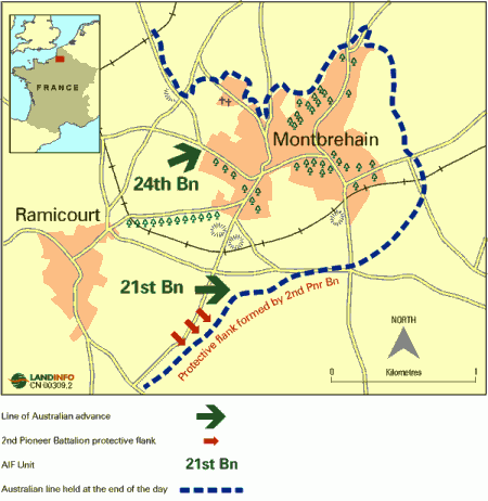 Map of the final attack by units of the 6th Infantry Brigade on 4-5 October 1918 on the village of Montbrehain, part of the in-depth Beaurevoir Line system. (Map courtesy AWM Wartime, No 4, Summer, 1998.)