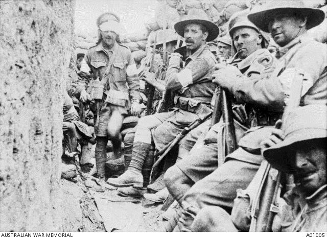 Men of the 1st Battalion, 1st Infantry Brigade in captured Turkish trenches after the Battle of Lone Pine, August 1915. Courtesy AWM