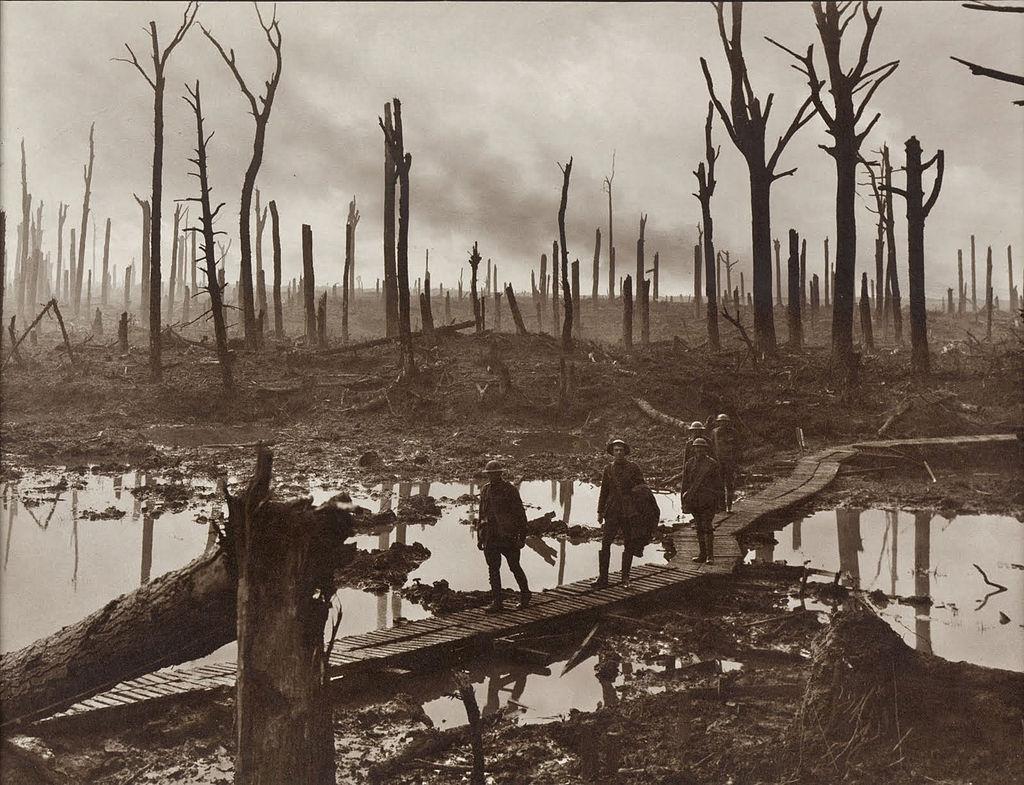 Men of 4th Australian Division artillery units passing over a duckboard track in the devastated Chateau Wood, Ypres sector, 29 October 1917. Courtesy AWM