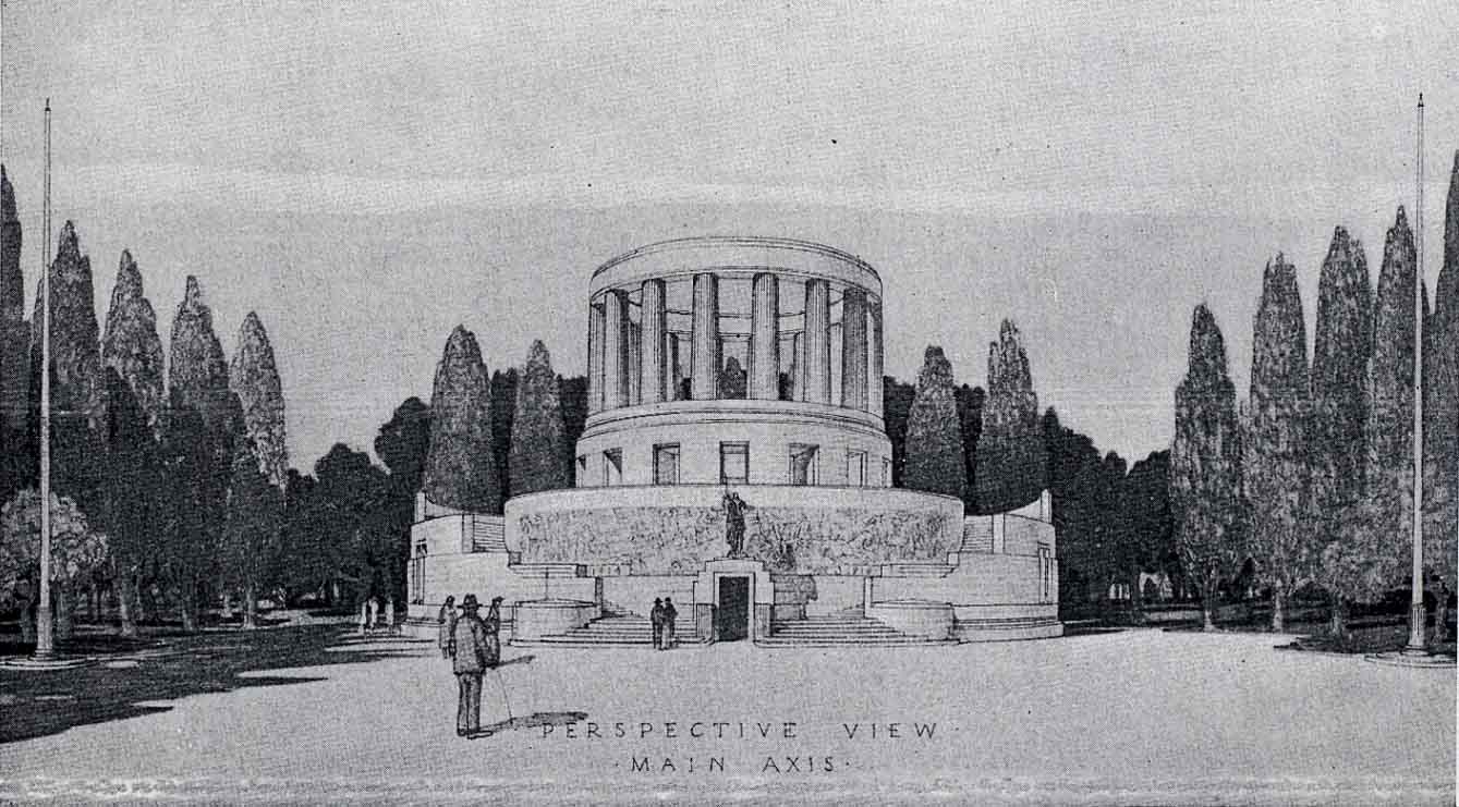 The second prize design by John D. Moore was aesthetically appealing to the judges, but judged to be less accommodating of the required office space and lacking the qualities expected in a memorial (Architecture magazine, 1 August 1930).