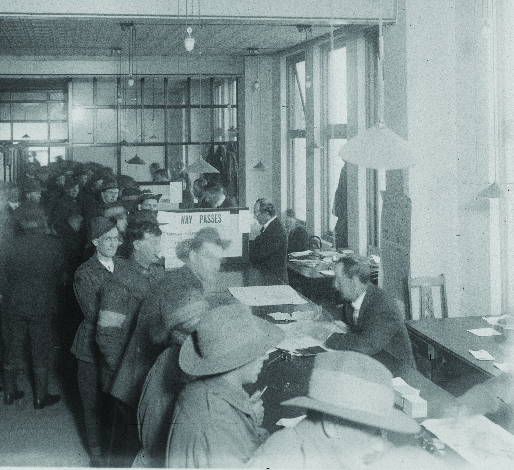 Returned servicemen queued inside the Repatriation Office in June 1919 to get information on their benefits