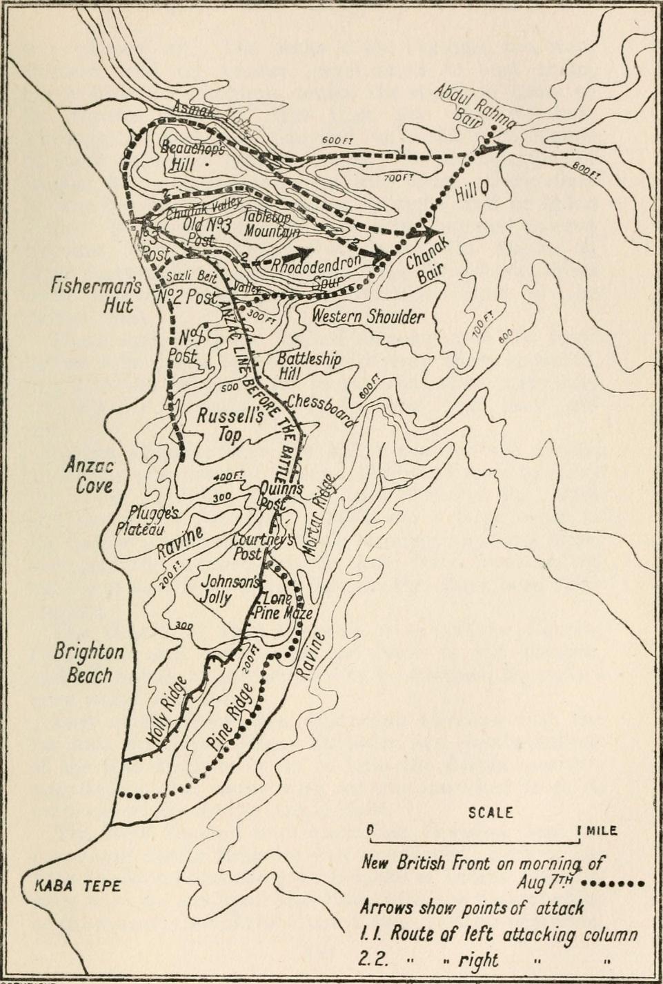 Map showing the route of the two columns which attacked the high features  of the Sari Bair Range on 6 and 7 August 1915. 