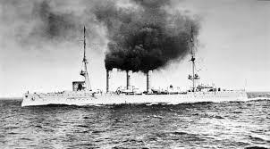 The German light cruiser 'SMS Emden', a ship of the German East Asia Squadron commanded by Admiral Graf Maximilian von Spee. The 'Emden' was destroyed on 9 September 1914 by the larger and more powerful 'HMAS Sydney'. Courtesy Navy.org.au