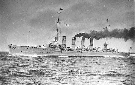 The German cruiser 'SMS Karlsruhe' which operated as a merchant raider off the South American coast in late 1914 until sunk from a boiler explosion on 4 November 1914.  The Royal Navy’s squadrons based in Bermuda wasted enormous effort in the following six months to find 'Karlsruhe', whose loss had been kept secret. 