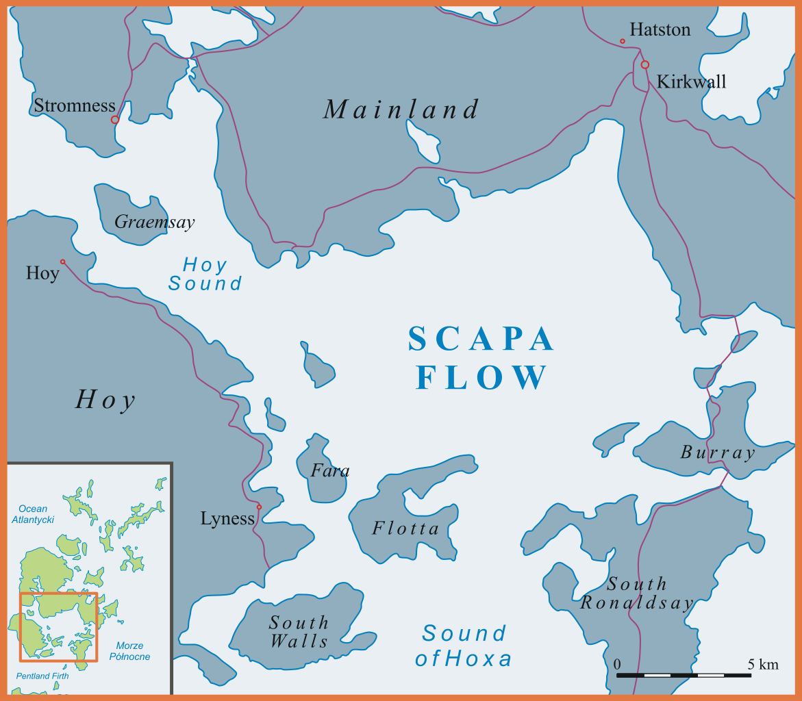 Scapa Flow in northern Scotland, home base of the British Grand Fleet during World War One and site of the scuttling of the German High Seas Fleet in 1918.