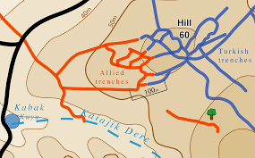 Sketch map of Hill 60 at the time of the August Offensive in 1915 showing  Allied trenches in red and Turkish trenches in blue. 