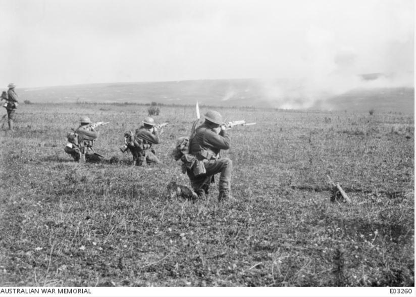 Soldiers of D Company, 45th Battalion seen in action near Bellenglise  in front of the Hindenburg Outpost Line on 18 September 1918. Courtesy AWM