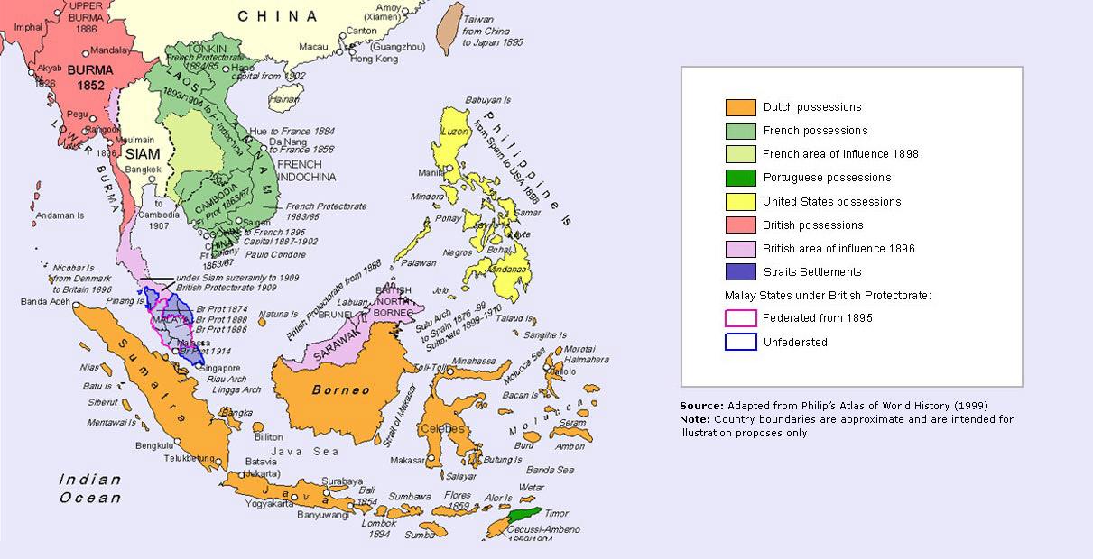 Map of Southeast Asia showing the areas of colonial influence around the time of the First World War.  The particular areas of interest for the Malaysian Patrol were those waters adjacent to the Dutch East Indies and the British East Indies. 