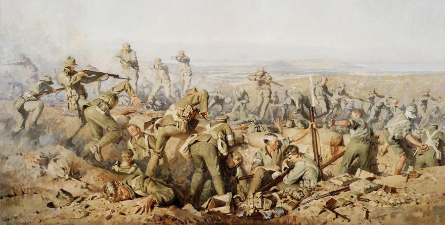 The Battle of Chunuk Bair, 8 August 1915, by Ion G. Brown, 1990. Courtesy NZ Ministry for Culture and Heritage. Ion Brown was Official Artist the New Zealand Defence Force from 1987 to 1997. This painting was commissioned to mark New Zealand's Sesquicentennial and the 75th anniversary of the Gallipoli campaign.