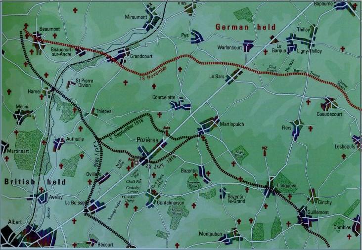 Map of the Somme area in 1916:  British front line in black; German front line in red. The village of Pozières was a major Australian objective for July-August at the cost of 23,000 casualties of whom 6,800 were killed. Courtesy AWM's 'Anzacs in France' 1916