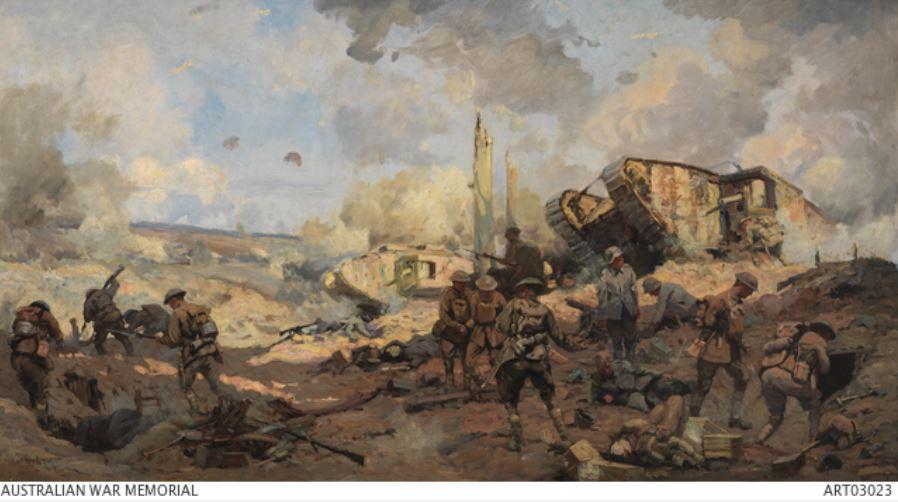 “Breaking the Hindenburg Line”, oil on canvas, by war artist Will Longstaff, 1918. (AWM ART 03023)