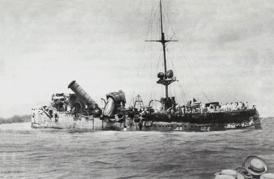 Wreck of the German raider SMS Emden beached on North Keeling Island after being in action with HMAS Sydney on 9 October 1914.  The wreck remained on the island until broken up for scrap in the 1950s. Courtesy Navy.org.au