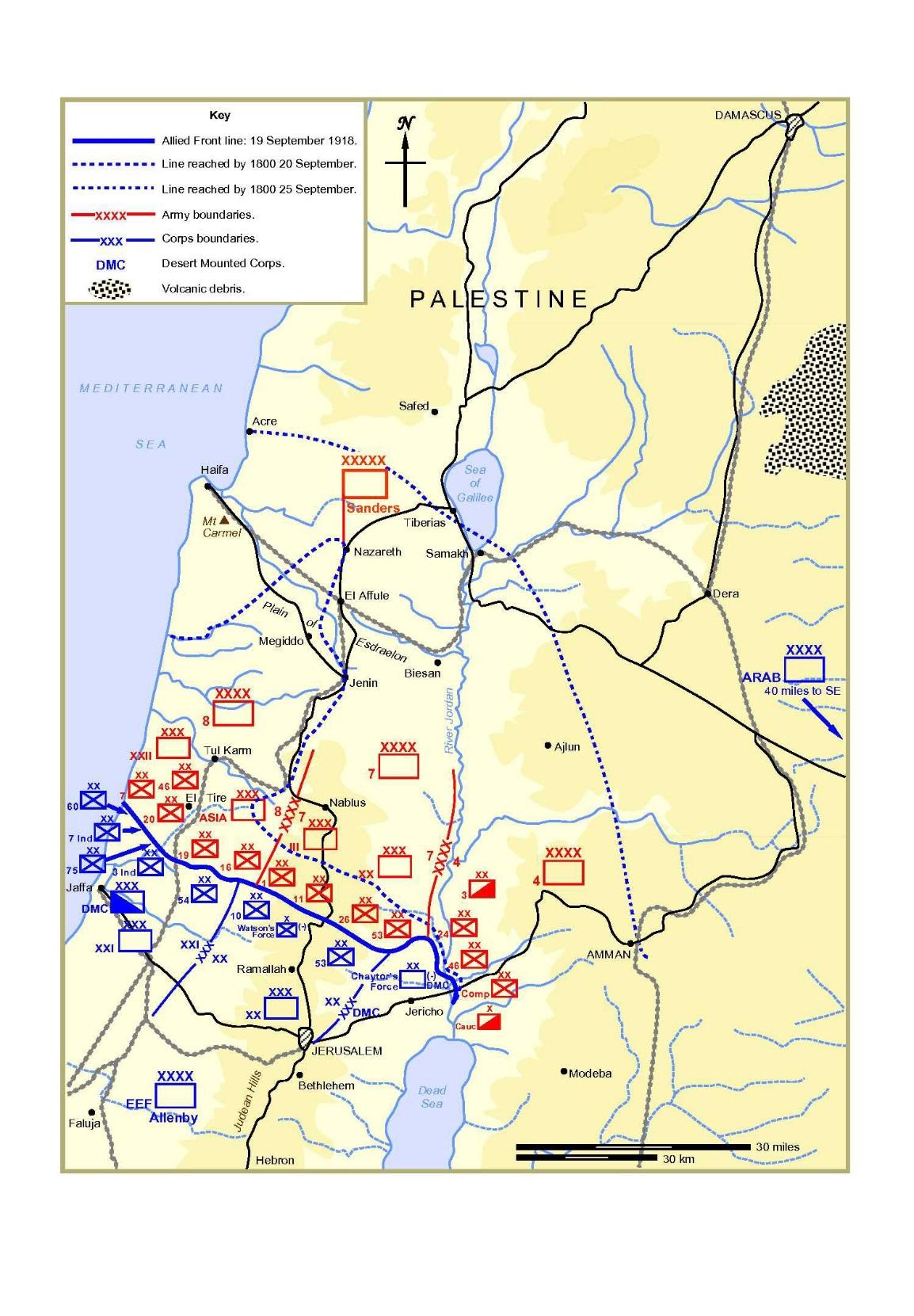Force dispositions for the Battle of Megiddo 19-25 September 1918. Allied forces shown in blue, Ottoman forces in red. Courtesy UK MOD