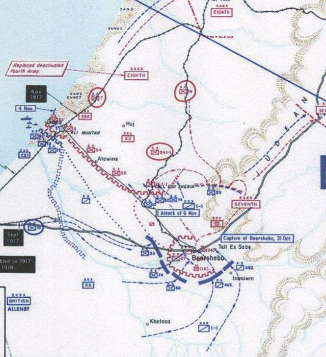 Map showing force dispositions for the Third Battle of Gaza. British forces shown in blue and Ottoman army in red, including the fortified town of Beersheba on the Ottoman left flank.