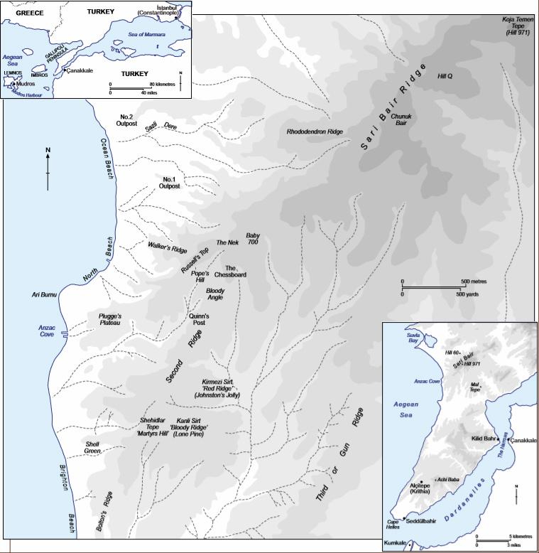 Map of the Anzac Area on Gallipoli peninsula in 1915 courtesy DVA