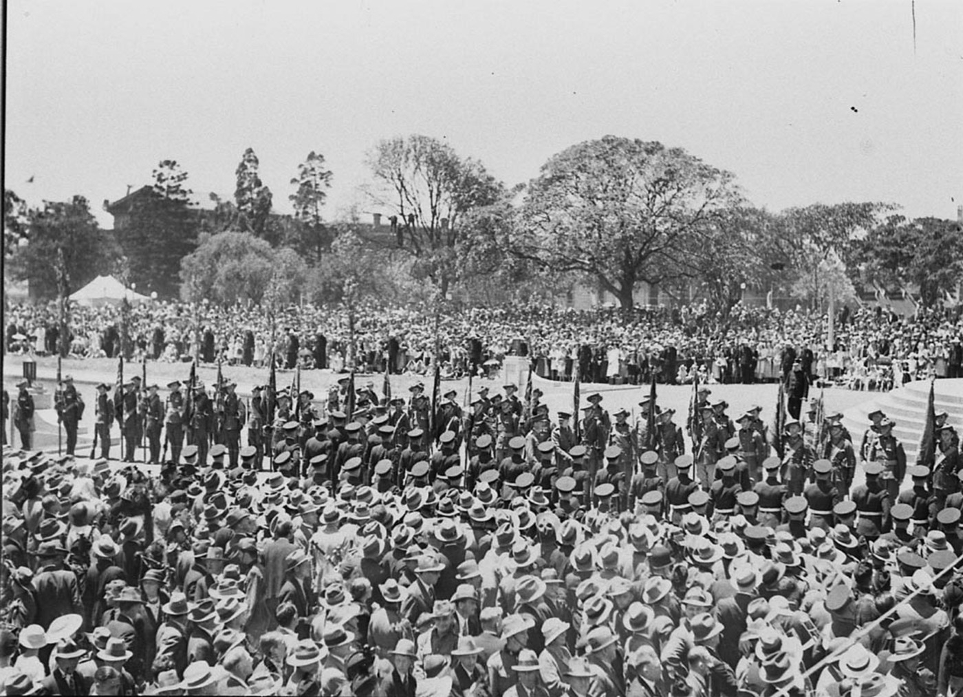 Uniformed troops formed up on the Memorial's northern forecourt at the commencement of the 1934 opening ceremony 