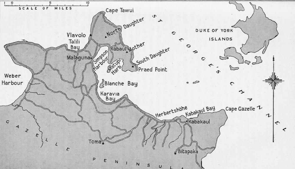 The eastern end of New Britain showing key points relating to operations by the Australian Naval and Military Expeditionary Force (AN&MEF) in September 1914, including Rabaul, Kabakaul and Bitapaka where the German radio station was finally located and captured.  Image courtesy Navy.org.au
