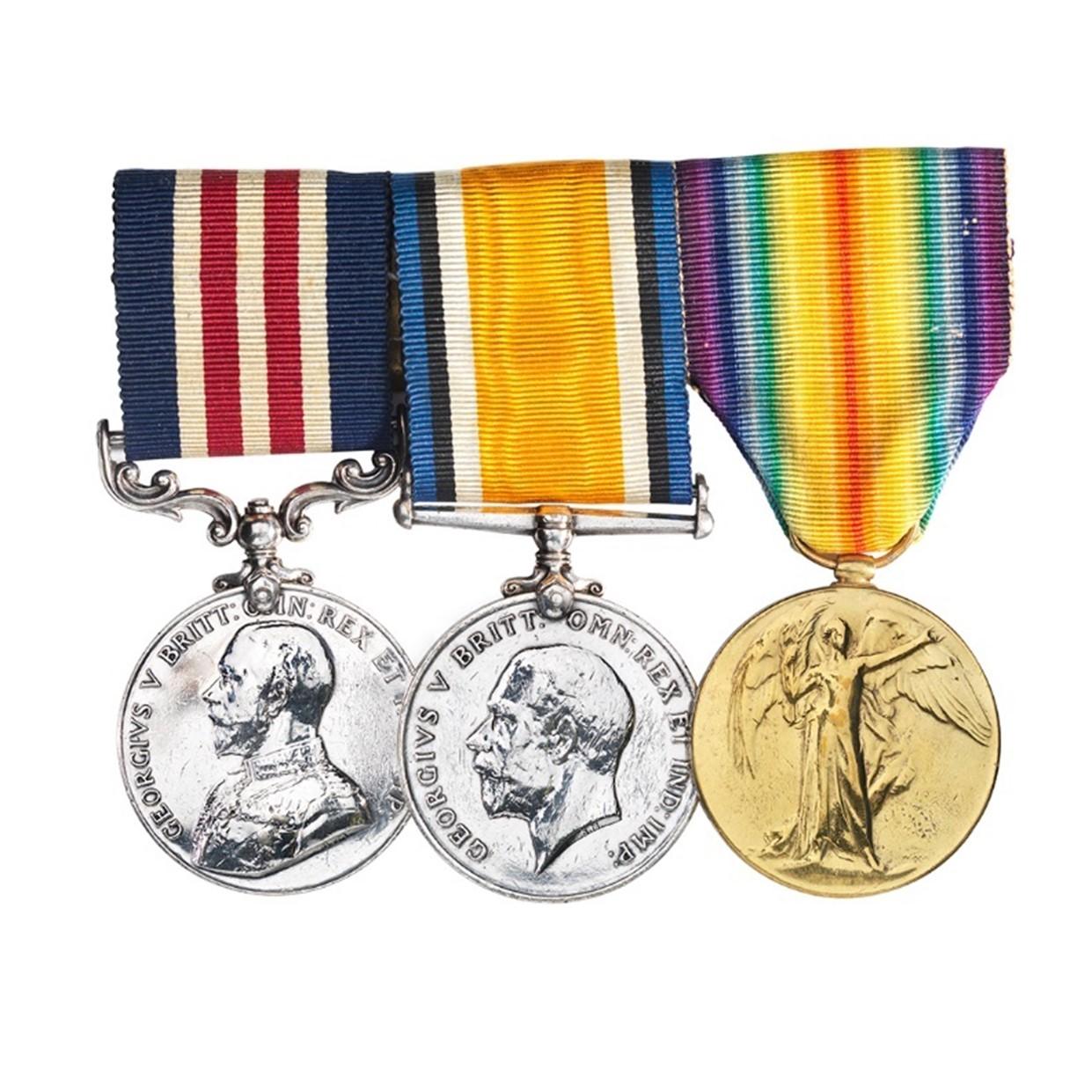 (L to R) Military Medal, British War Medal and Victory Medal awarded to Clarence Douglas Blackadder, Anzac Memorial Collection. 