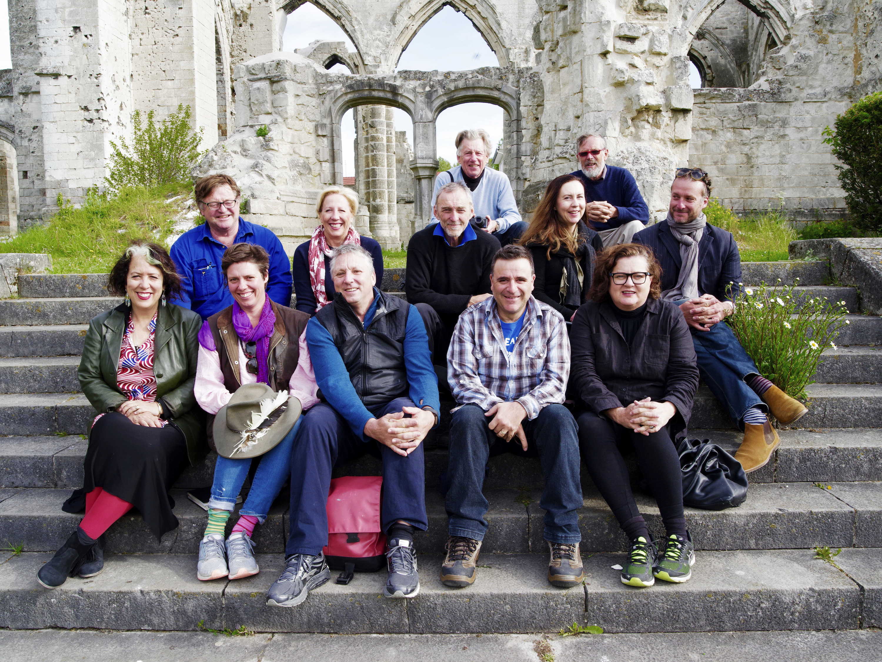 The exhibition artists. (Front row left to right) Wendy Sharpe, Harrie Fasher, Euan Macleod, Steve Lopes, Amanda Penrose Hart (Middle Row left to right) Ian Marr, Deirdre Bean, Ross Laurie, Michelle Hiscock, Luke Scibberas (Back Row left to right) Paul Ferman, Idris Murphy. Photograph by Robert Linnegar courtesy of King Street Gallery.